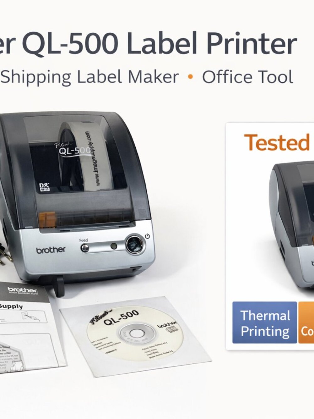 Brother QL-500 Thermal Label Printer USB w/ Cords Manual CD Tested Works